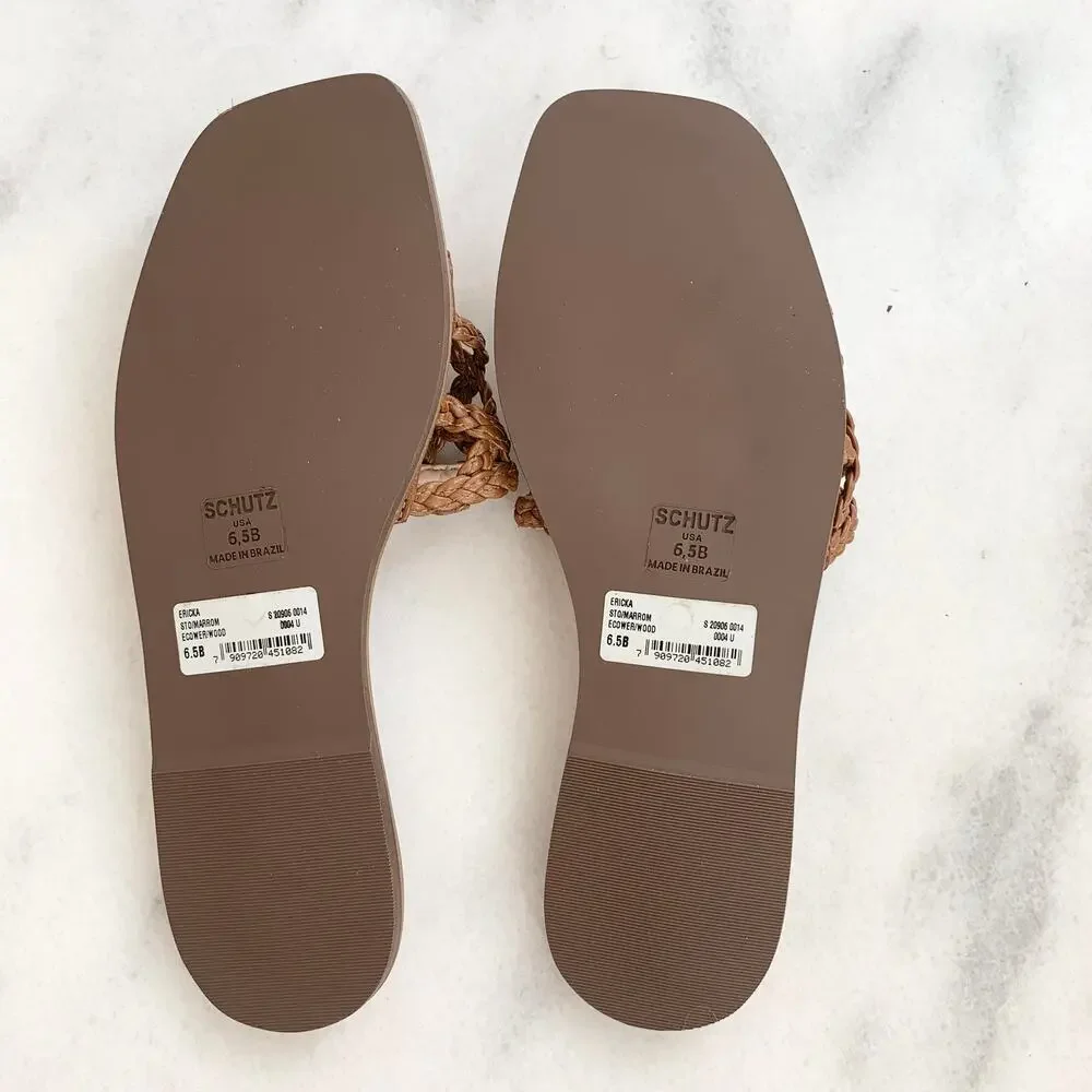 NEW Schutz Ericka Leather Braided Woven Slide Sandal Shoe Wood Size 6.5
